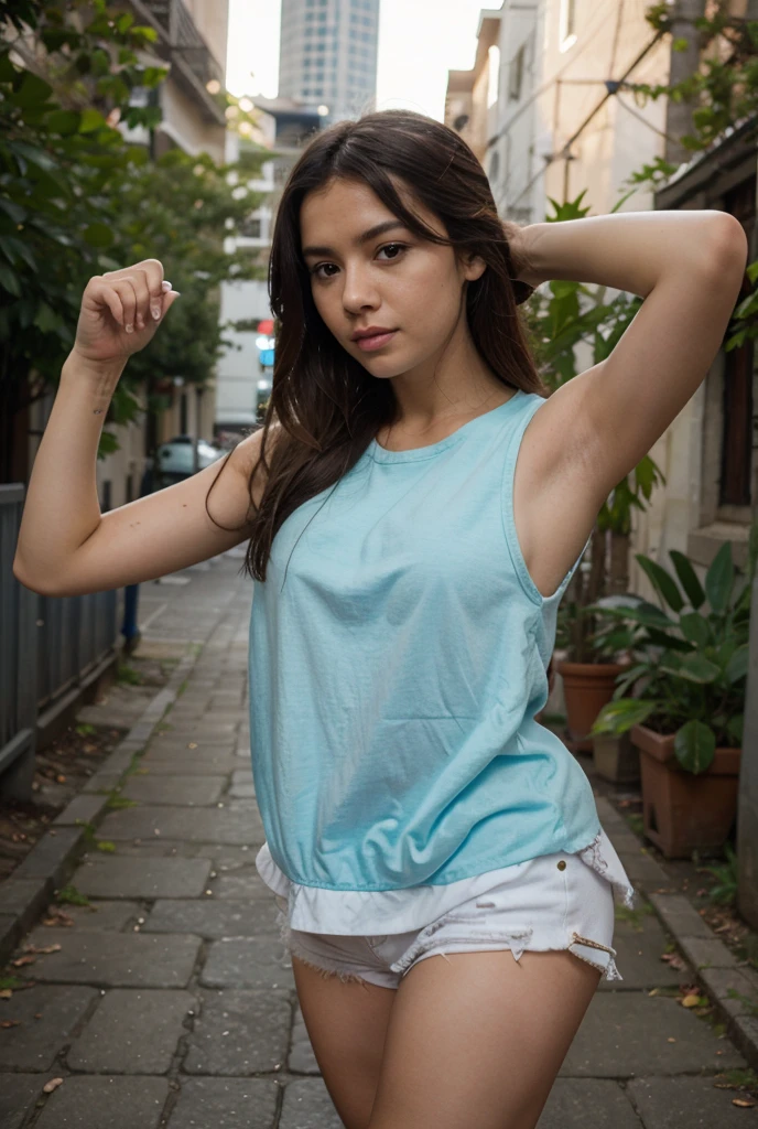 Laughing hair girl, with short t-shirt,arms raised, super pigmented armpit