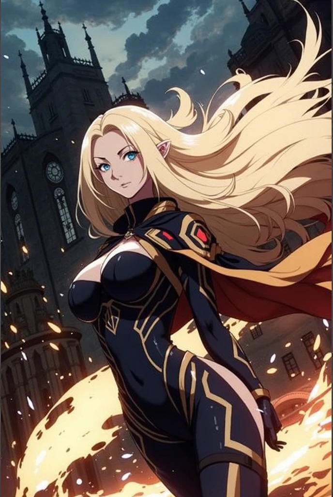 garota de anime, villain, mal, roupas pretas, fundo preto, raios, fogo