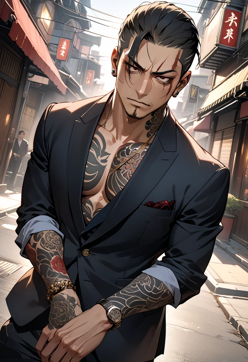 (Masterpiece, best quality), 1 male, strong muscles, a variety of demeanors, mature and attractive with age, delicate eyes and face, broad shoulders, semi-nail tattoos. The light and shadow performance is superb, extremely short hair, undercut, and it seems that there is a conspiracy at any time. Slim blazer, modern city street landscape mercenary picture.