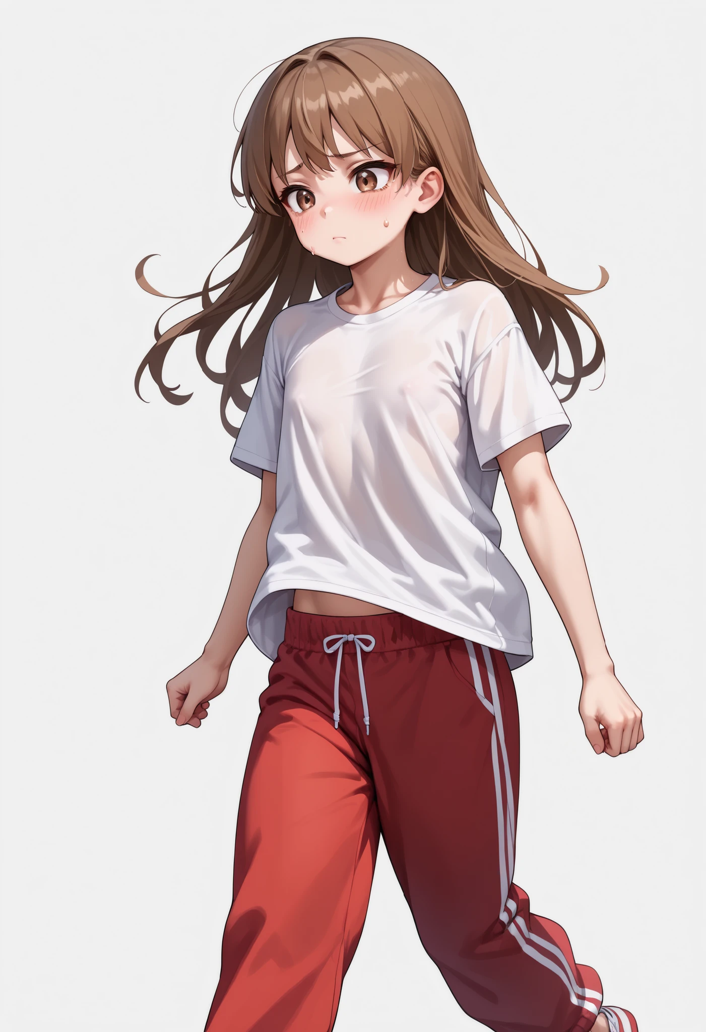 source_anime ,score_9, score_8_ up, score_7, ((White background)) ((Russian woman)) ((1girl)) (solo girl) ,30 years old, rathing_questionable (White oversized t-shirt:1.4) (Red sweatpants:1.2), brown eyes , (brown Long hair) , straight hair , ((small breasts)) , weak , unhealthy , (((very thin:1 . 4))) (Flat chest:1.4) gaunt ((no confidence)) ((Jogging)) running