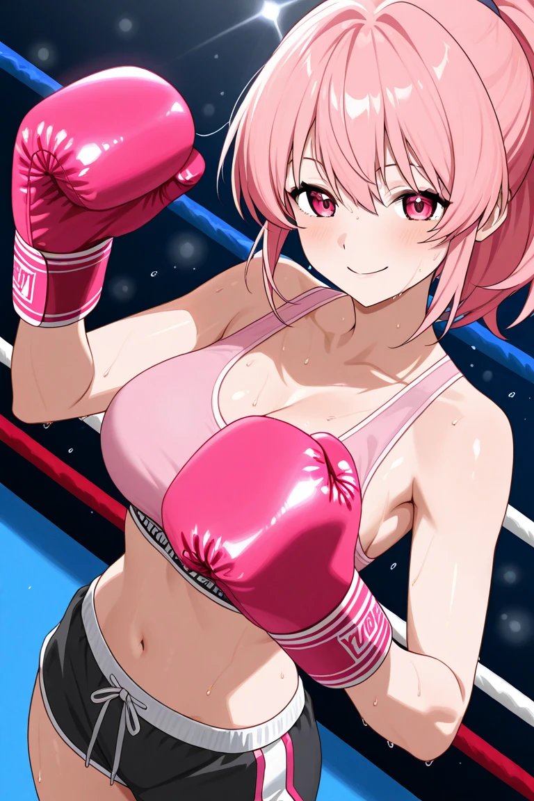 Cute girl with bikini bottom boxing in pink gloves blushes deeply
