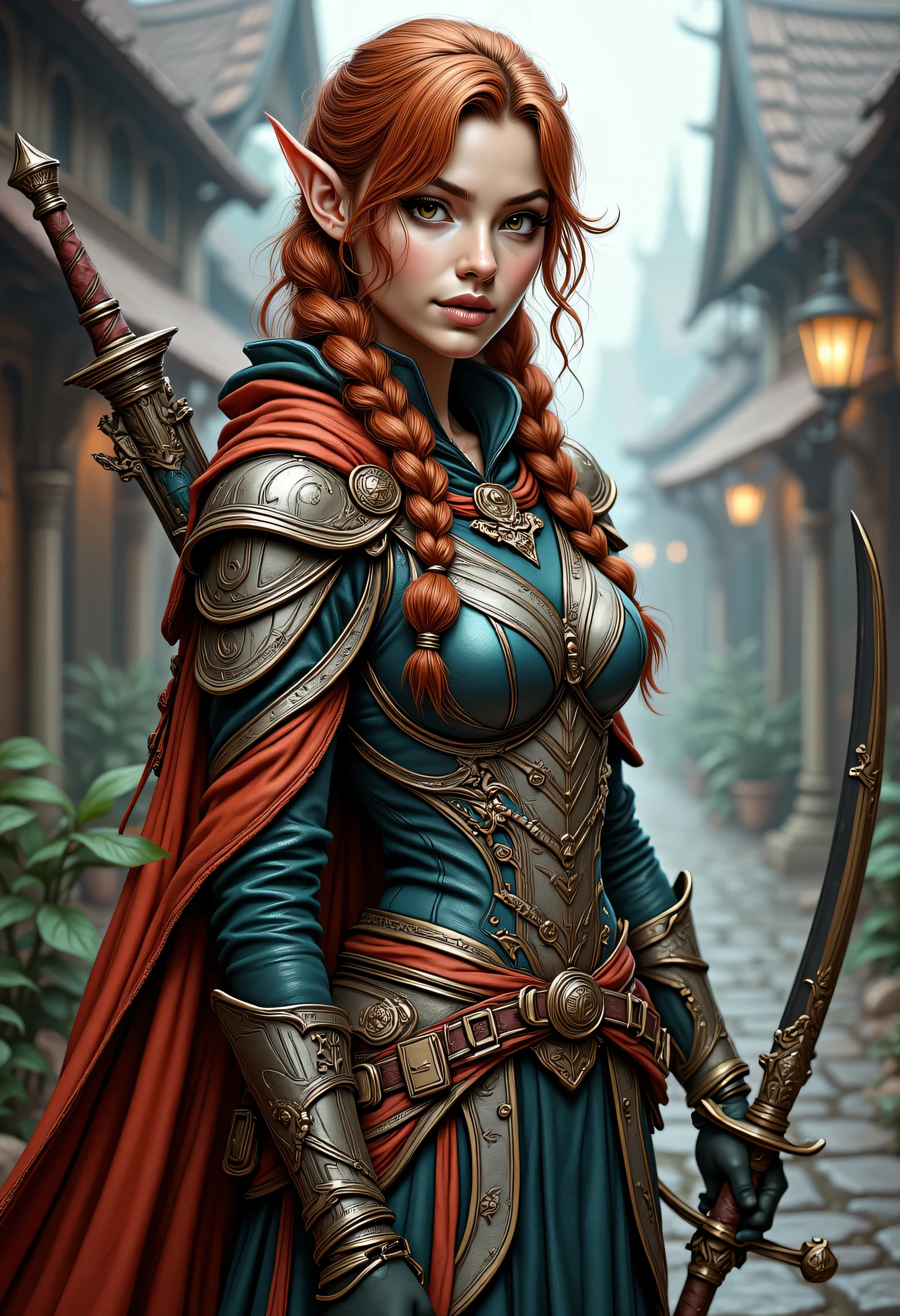 a picture of a female elf, fantasy swashbuckler, fantasy fencer, armed with a slim sword, shinning sword, magical sword, metallic shine, colorful clothes, full body, epic beautiful female elf, red hair, braided hair, small pointed ears, wearing  blue cloak, long cloak, wearing elven leather armor, colorful armor, sense of daring, sense of adventure fantasy street, high details, best quality, 16k, [ultra detailed], masterpiece, best quality, (extremely detailed), dynamic angle, ultra wide shot, photorealistic, RAW, fantasy art, realistic art,((best quality)), ((masterpiece)), (detailed), perfect face, hyp3rd3tail style