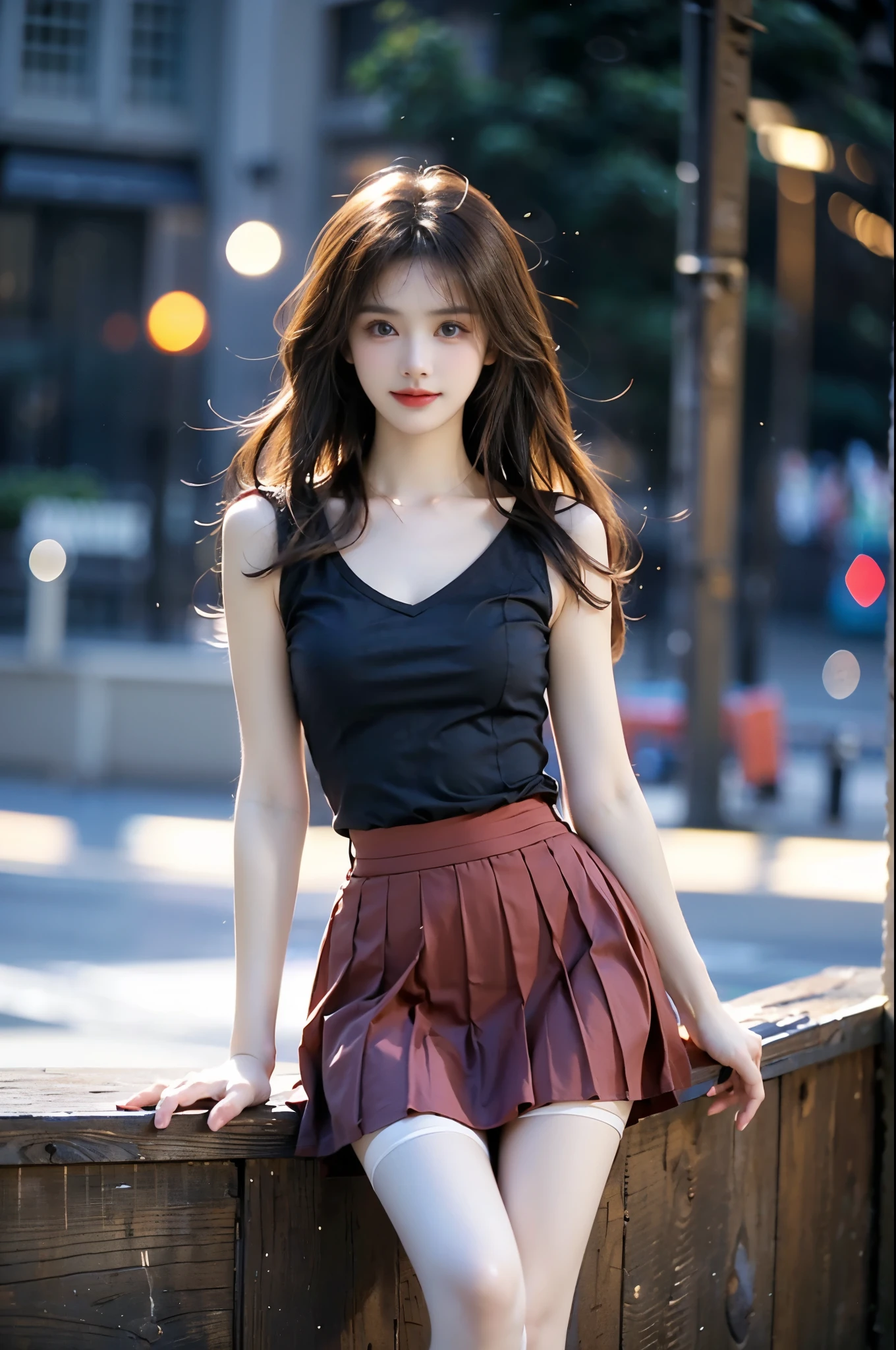 serena (pokemon),1girl,hat,sunglasses,long hair,blonde hair, blue eyes,bracelet,sleeveless shirt,black shirt,red skirt,pleated skirt,black thighhighs, ,,(Masterpiece, best quality, Super high, realistic: 1.3), realistic, beautiful young woman, (Standing posture), (Big bust, deep V-neck), (Very short hemline), (Supermodel: 1.2), (perfect leg shape: 1.3), model pose, one leg straight in front of you, the other leg naturally bent, elegant poses, random scenes, random shooting angles, (delicate smile: 1.1), (Depth of field: 1.3) 0.8), Bokeh: 0.8), aesthetic, romantic atmosphere, soft lighting, dreamlike, cinematic lighting, beautiful, gorgeous, intricate details, sharp focus