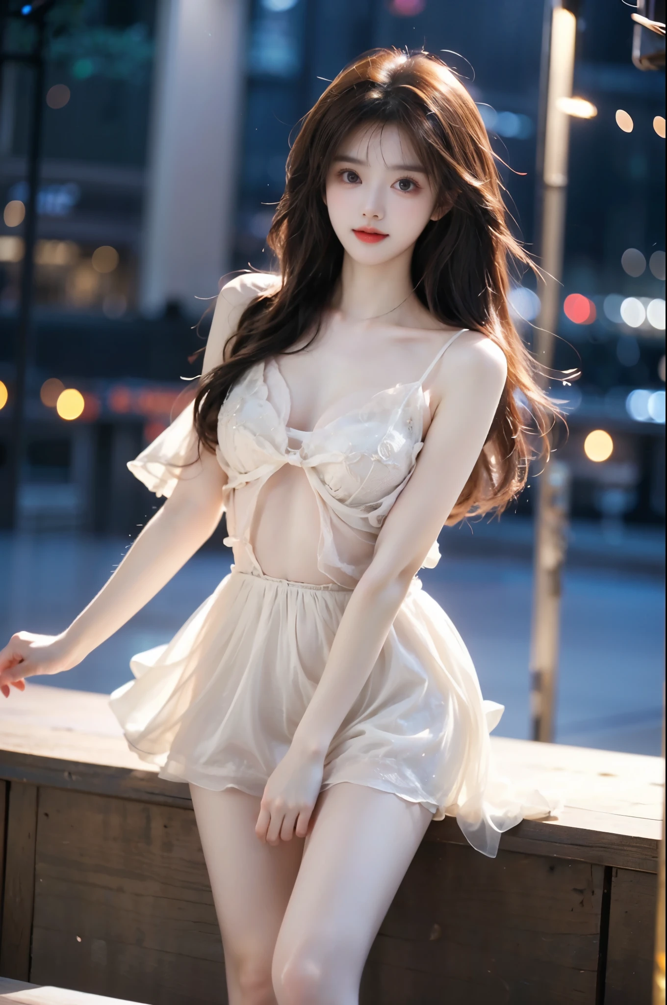 ,,(Masterpiece, best quality, Super high, realistic: 1.3), realistic, beautiful young woman, (Standing posture), (Big bust, deep V-neck), (Very short hemline), (Supermodel: 1.2), (perfect leg shape: 1.3), model pose, one leg straight in front of you, the other leg naturally bent, elegant poses, random scenes, random shooting angles, (delicate smile: 1.1), (Depth of field: 1.3) 0.8), Bokeh: 0.8), aesthetic, romantic atmosphere, soft lighting, dreamlike, cinematic lighting, beautiful, gorgeous, intricate details, sharp focus