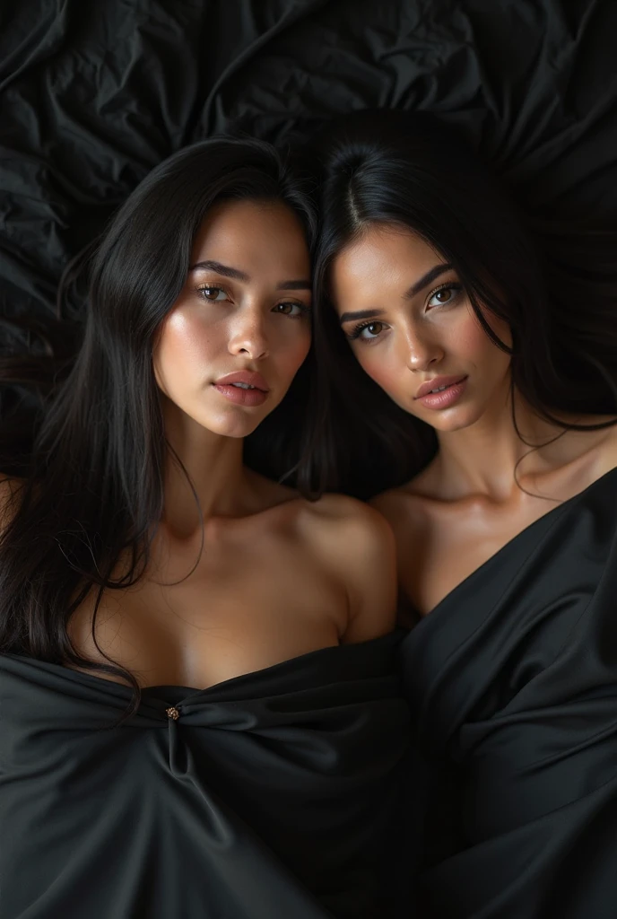 Create an ultra realistic full body image of two different girls, normal body, completely naked, big firm tits. one has very long straight blonde hair, another long black hair, the brunette sitting on the bed with her legs wide open towards the top. the blonde in doggy style position, white walls in the background, a window with sunlight, the background blurred luxury apartment