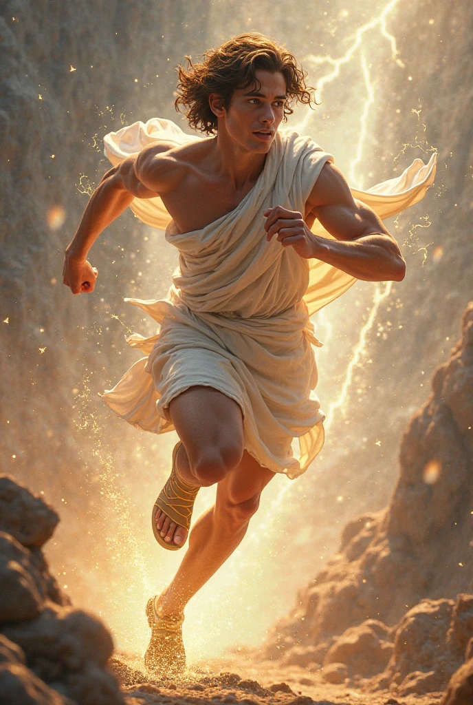 Hermes God of speed in side running pose, speed effects in lightning shapes around you in a profile picture