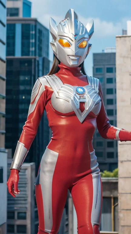 A giraffe dressed in red and silver stands in front of a city, Female body type, Female cyborg body, body and soul! Asuka Suit, Ultraman, Simple Futuristic Cyborg Empress, Perfect anime cyborg woman, Super detailed, Alien robot naughty nurse, Super-smart female android, Asuka Suit under clothes!, Energetic Varia Suit