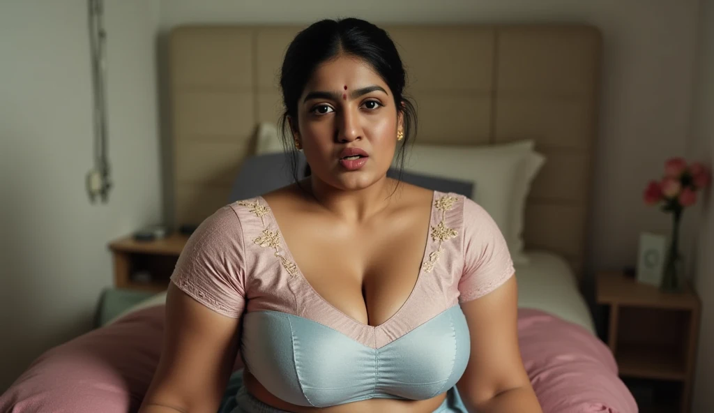 high quality, coles up photo of a woman, medium chubby body, wearing indian clothes,in living room ,indoor, Closeup Shot, perfect eyes, at Caves , Ambiant light, Cinematick Shot, lens 85 mm , bokeh Background, priyama,big ,charming face,Pink Crop top, big breasts with bra