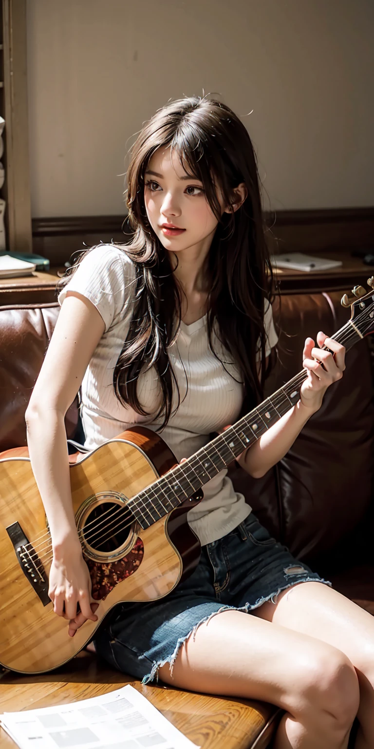 Cute girl playing guitar, realistic 4k