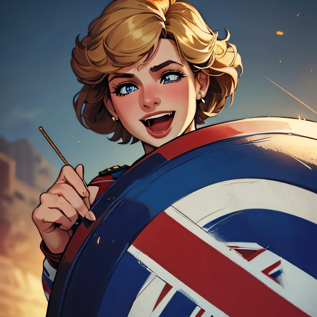 (masterpiece:1.3), (8k, realistic, RAW photo, top quality: 1.4), (one girl), beautiful face, (realistic Face), Beautiful Hairstyle, realistic eyes, beautiful details, (realistic Skin), beautiful skin, absurd, charm, super high resolution , Super Real, very well detailed, golden ratio, (best shadows), like in a movie, (complicated:1.4), high contrast, Side Lighting, ((Princess Diana)), ((laughing:1.0)), ((Accurate hands and fingers)), ((Captain Britain)), white woman on the side , ( Gold, short hair:1.3), (She's wearing a Union Jack costume), (She has a large round Union Jack shield), break ((cowboy shot))