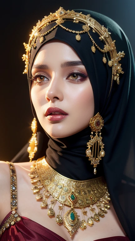 Courtney Eaton, hijab made of green with jewelry and diamonds sexy clothes, character portrait, 5 9 9 0 s, long hair, intricate, elegant, highly detailed, digital painting, artstation, concept art, smooth, sharp focus, illustration, art by wlop, charlie bowater and alexandra fomina