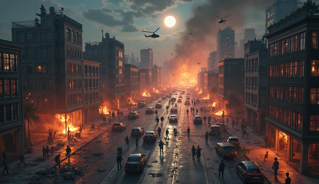 a futuristic city of new york in chaos, burning buildings, explosions, lockheed martin f-22 raptor fighter jets, realistic, photorealistic, cinematic, 8k, ultra-detailed, dramatic lighting, dystopian, cyberpunk, gritty, dark, moody