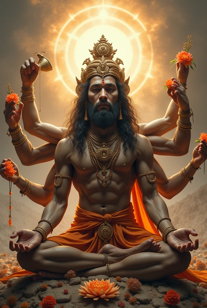 a sitting god shiva, detailed depiction of lord shiva in seating position, ganga river flowing around him, 8 armed shiva, third eye, ornate jewelry, intricate details, digital painting, cinematic lighting, dramatic shadows, vibrant colors, ultra-detailed, 8k, photorealistic, award winning digital art