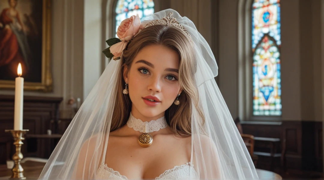 Big hair but with bangs that cover the forehead, white, with red wedding dress and a bouquet, beautiful makeup, and with some butterfly tattoos on his body Unique place in the church