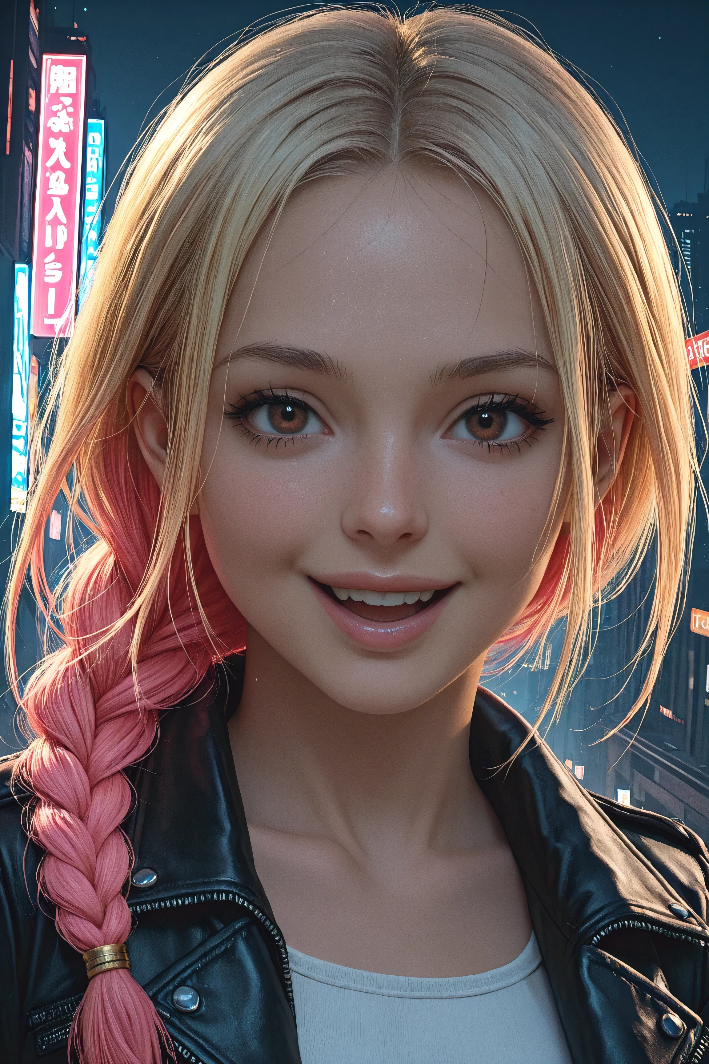girl, solo, portrait, upper body, white minidress, brown eyes, pink dyed hair, blonde hair, long braided plait, smile, open mouth, athletic body, face detail emphasis, open leather jacket, golden bracelets, dark dystopian city, night time, eyelashes, semi realistic, focus face