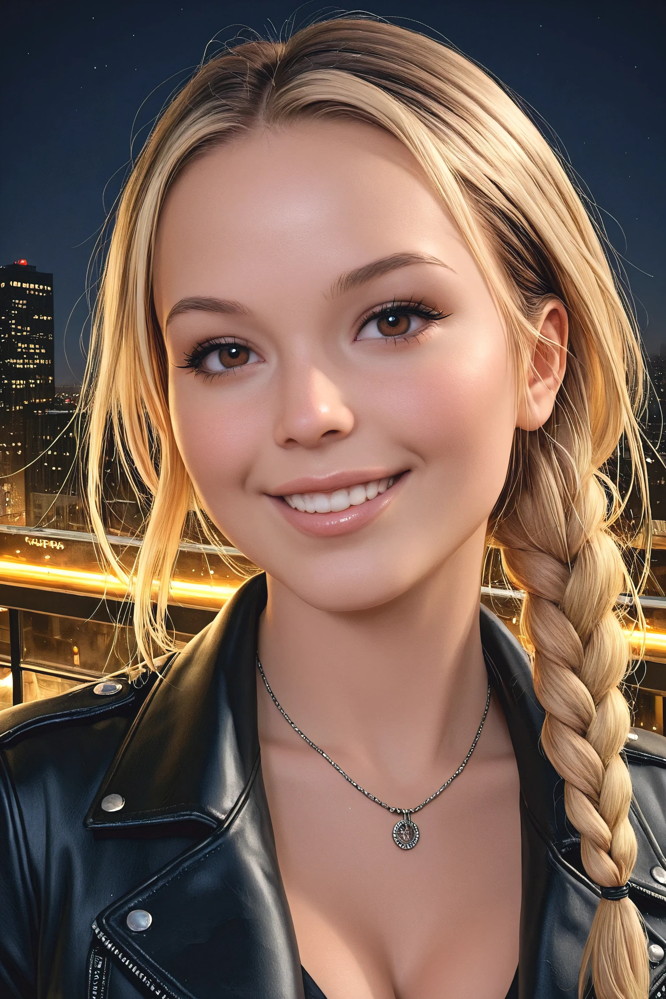 1girl, solo, jewelry, braid, necklace, brown eyes, blonde hair, leather, looking at viewer, smile, leather jacket, jacket, realistic, night, multicolored hair, lips, breasts, cleavage, city, teeth, long hair, forehead, portrait, detailed eyelashes, better face details