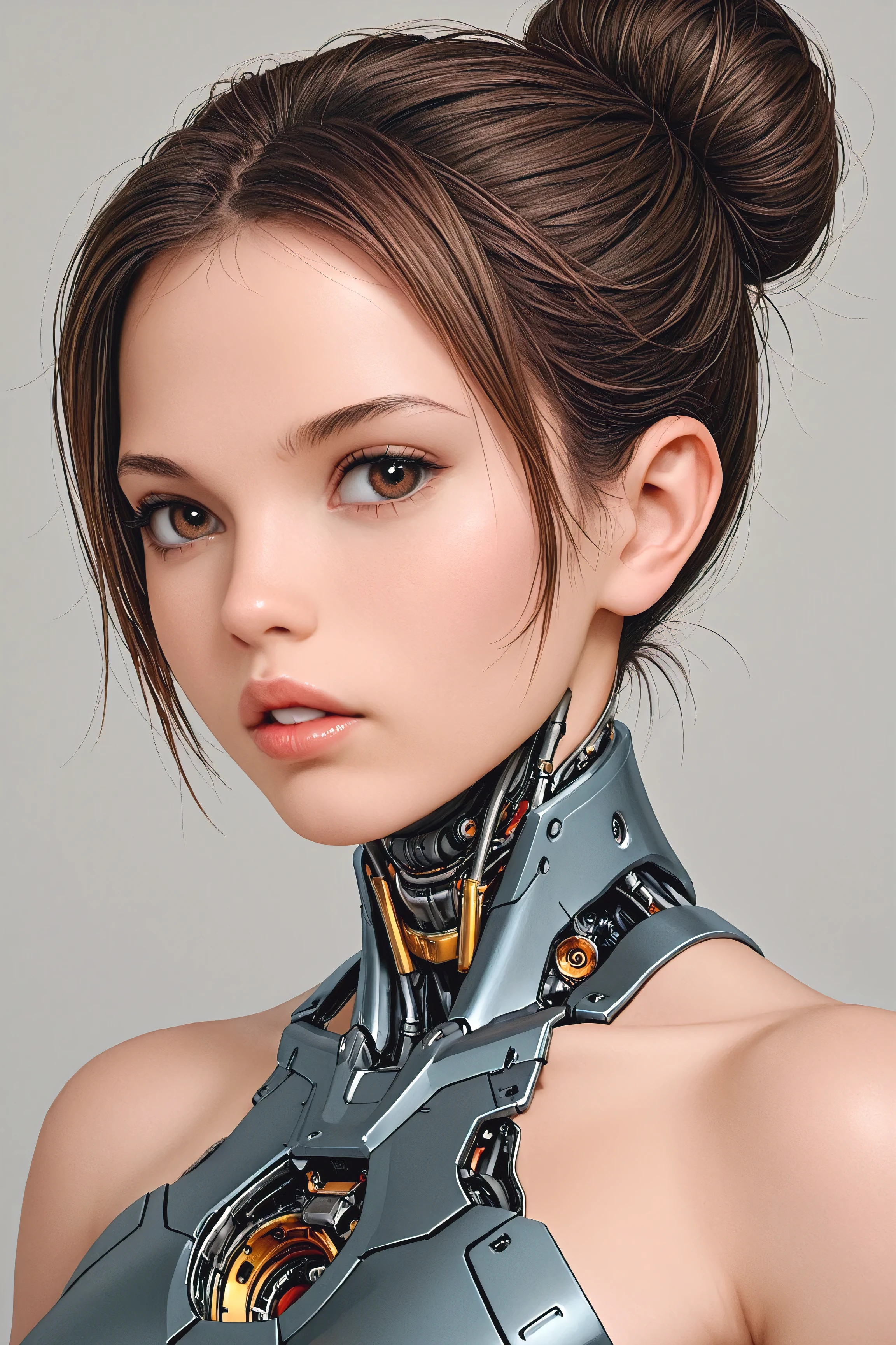 1girl, solo, brown hair, brown eyes, hair bun, single hair bun, lips, science fiction, parted lips, portrait, mechanical parts, cyborg, simple background, short hair, bare shoulders, grey background, mechanical neck, mechanical lower jaw