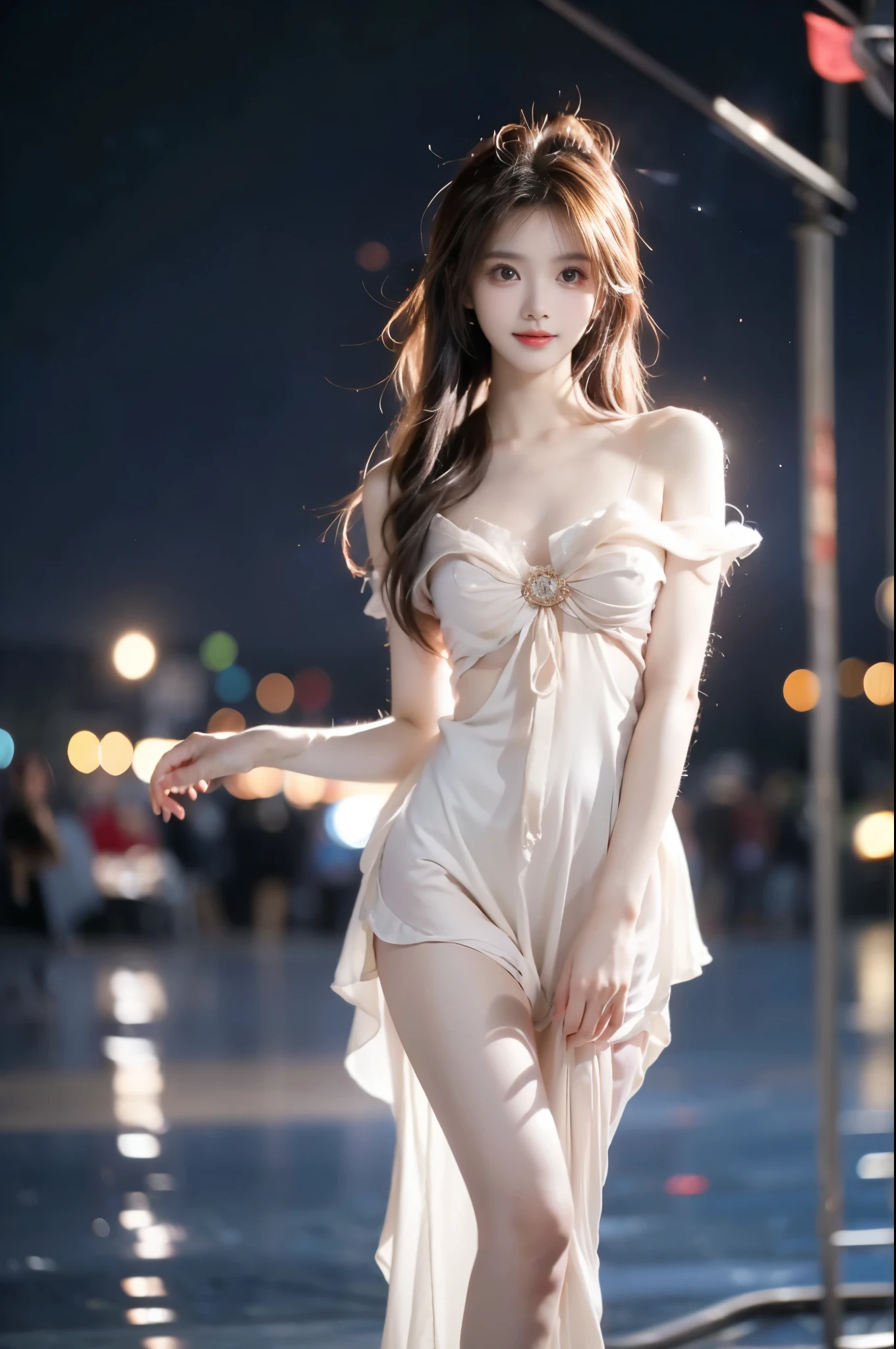 sangonomiya kokomi ,,(Masterpiece, best quality, Super high, realistic: 1.3), realistic, beautiful young woman, (Standing posture), (Big bust, deep V-neck), (Very short hemline), (Supermodel: 1.2), (perfect leg shape: 1.3), model pose, one leg straight in front of you, the other leg naturally bent, elegant poses, random scenes, random shooting angles, (delicate smile: 1.1), (Depth of field: 1.3) 0.8), Bokeh: 0.8), aesthetic, romantic atmosphere, soft lighting, dreamlike, cinematic lighting, beautiful, gorgeous, intricate details, sharp focus