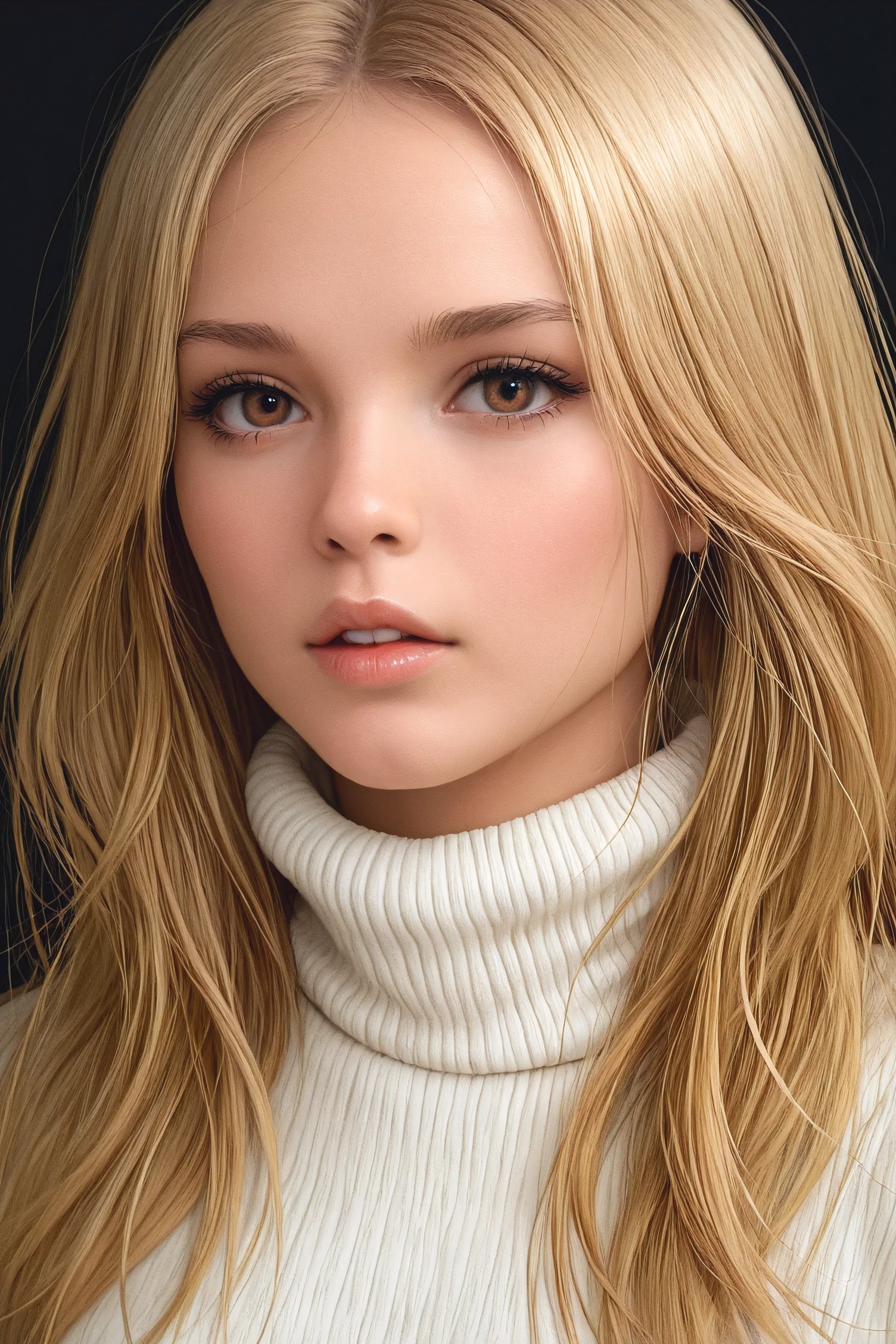 1girl, solo, brown eyes, long hair, sweater, white sweater, looking at viewer, blonde hair, parted lips, lips, portrait, realistic, turtleneck sweater, turtleneck, simple background, upper body, black background, nose, eyelashes