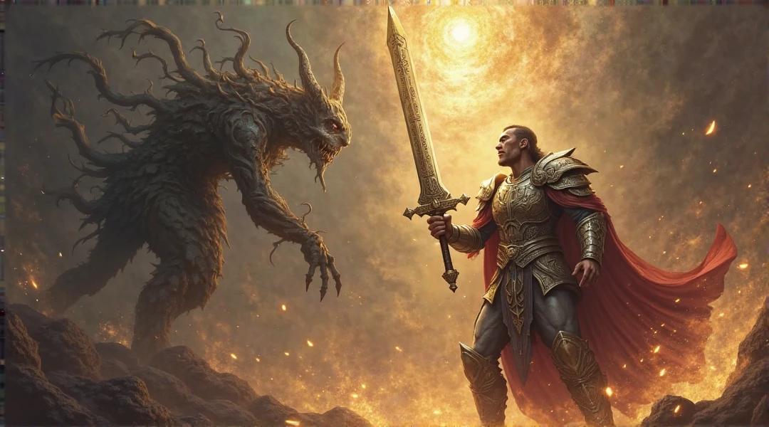 The image you shared is an epic and dramatic scene, full of action and symbolism.
In the center of the image, A majestic warrior with brilliant and complex armor is found, made of a material that appears to be metallic and shiny, with numerous sharp and ornamental details. The warrior wears a spiked helmet surrounding his head., giving it an imposing and almost divine appearance. Above his head, A golden halo radiates light, suggesting a sacred or heavenly character. His expression is one of determination and power as he wields a long sword that appears to be made of pure golden light..
The warrior is in the middle of a confrontation with a terrifying creature: a dragon with red, scaly skin, with horns and yellow eyes that shine with fury. The dragon is breathing fire, that crosses with the warrior's luminous sword. The dragon's claws are extended, as if trying to defend or attack in a last desperate effort.
Around it, There is a crowd of robust men, Many of them with bare torsos and armed with lit torches.. They are watching the battle with expressions of wonder and fervor.. Some seem to be shouting or cheering., while others watch in admiration or surprise. The crowd gives a feeling that this confrontation is a crucial event or a decisive battle..
In the background, You can see a large pyramid, similar to the pyramids of Egypt, which adds an element of antiquity and mysticism to the scene. The sky is covered with dark clouds, and on both sides of the image, you can see angels flying, watching the battle from above. The angels have outstretched wings and also appear to be in the middle of an action., suggesting that this is a clash between heavenly and demonic forces.
The lighting of the image is dramatic, with strong lights and shadows that highlight the shine of the warrior's armor and the fire emanating from the dragon, creating a powerful contrast that