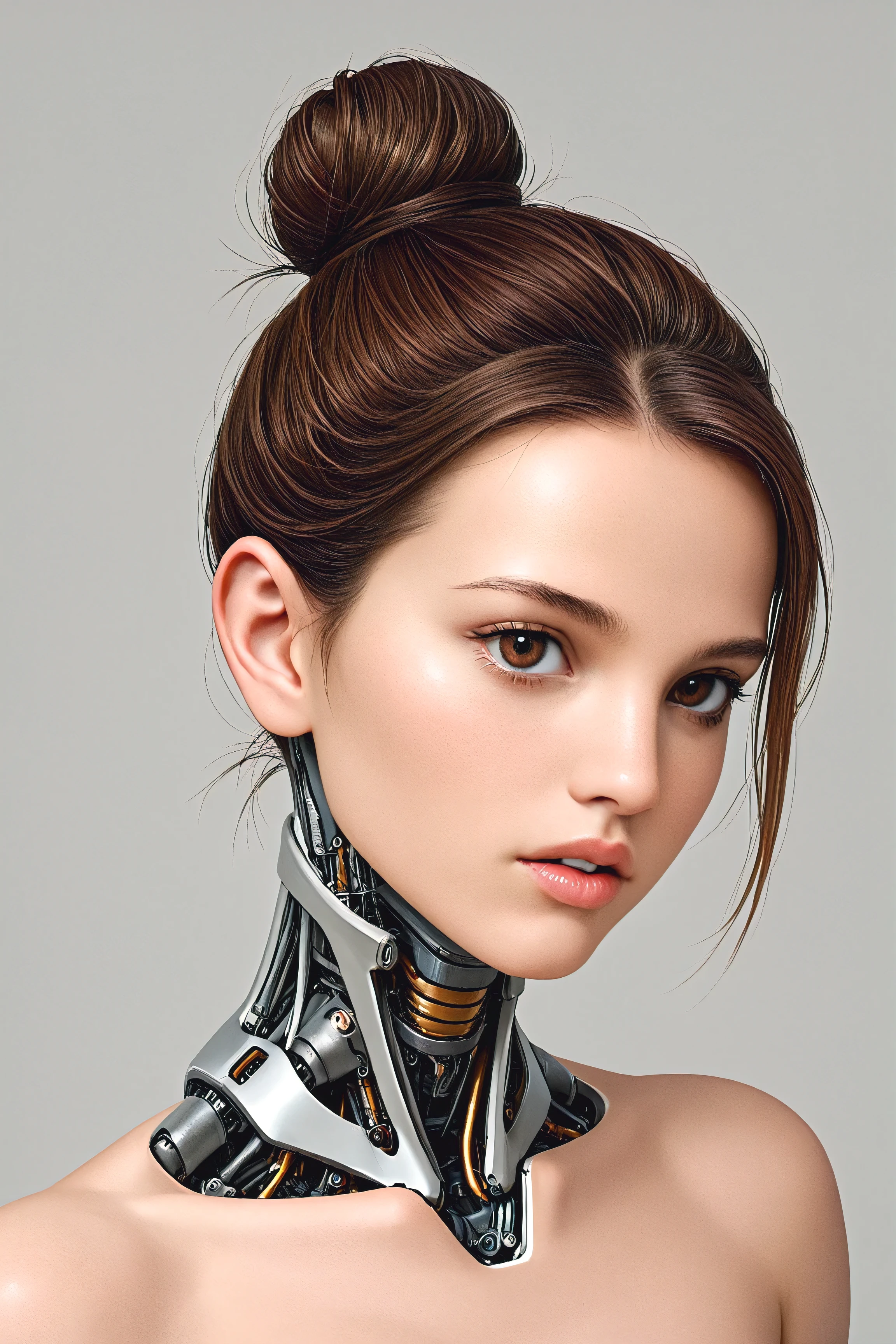 1girl, solo, brown hair, brown eyes, hair bun, single hair bun, lips, science fiction, parted lips, portrait, mechanical parts, cyborg, simple background, short hair, bare shoulders, grey background, mechanical neck, mechanical lower jaw