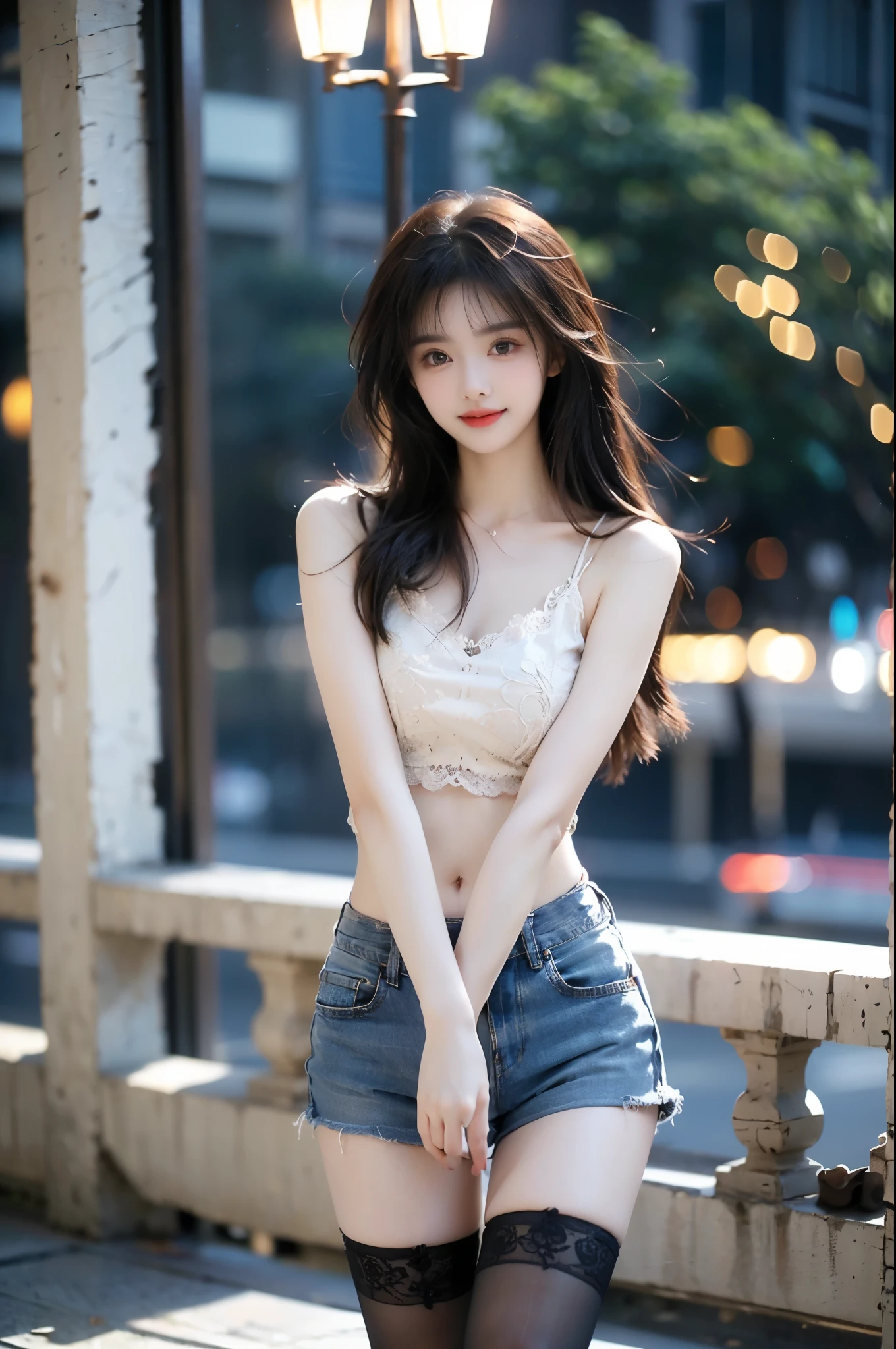 ,(In 8K, Realistic:1.25) ,( Small lip luster, eyelash, Gloss Face, Glowing Skin, highest quality, 超A high resolution, Depth of written boundary, Color Difference, Caustics, Wide Light, Natural Shadows, ) ,thin,Brown long hair、Blunt bangs, Hair behind the ear, Hair that falls over the shoulders, Long Hair,The middle valley,Beautiful feet、Realistically、White off-the-shoulder clothing、Belly button、Navel、Beautiful curves、Shorts、jeans、Cute smile、Toothy smile