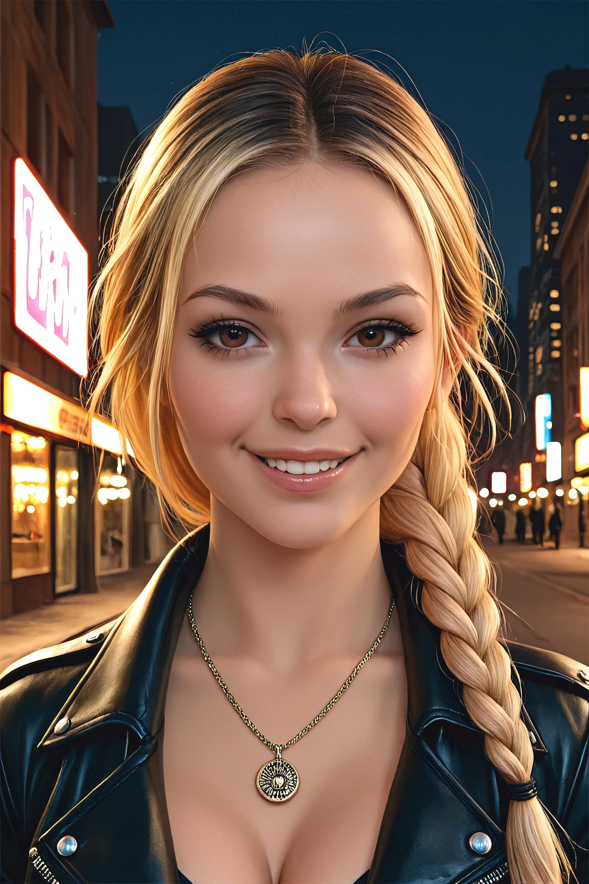 1girl, solo, jewelry, braid, necklace, brown eyes, blonde hair, leather, looking at viewer, smile, leather jacket, jacket, realistic, night, multicolored hair, lips, breasts, cleavage, city, teeth, long hair, forehead, portrait, detailed eyelashes, better face details