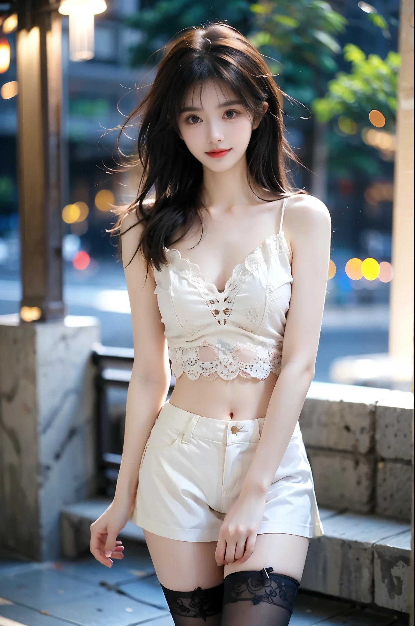((Realistic lighting, best quality, 8K, masterpiece:1.3)), Lock focus:1.2, 1 sister, Beautiful woman with perfect figure:1.4, : Beautiful Korean girl, Korean pop idol,Leg length,(Pale skin), (big eyes),(Smile:0.8),(Plump and sexy lips), Complex and detailed face, ((Super delicate skin)),Delicate face,Ultra-thin face,Fine Eyes,Double eyelids,((Dark brown hair)), (White lace underwear:1.4),(Lure,at night:1.1),Background Shibuya street,emphasize,Ultra-thin face,Fine Eyes,Double eyelids,(Start from below:1.attitude,(Mid-chest:1.2),Sexy long legs, (Thigh gap:1.5),Wide hips,S-Shaped Body, Hips lifted,Leg length,White skinny jeans,Shooting from the front,Over-the-knee leather boots,