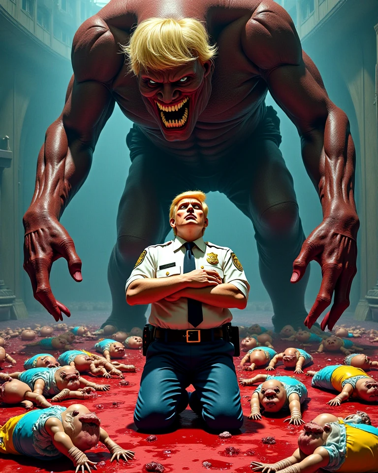Donald Trump mayor, disguised as a schoolgirl, admiring a Bristol room full of giant pieces of seductive poop-lords with poop legs on the floor of their glorious PPV excrement coupling hole , detailed face