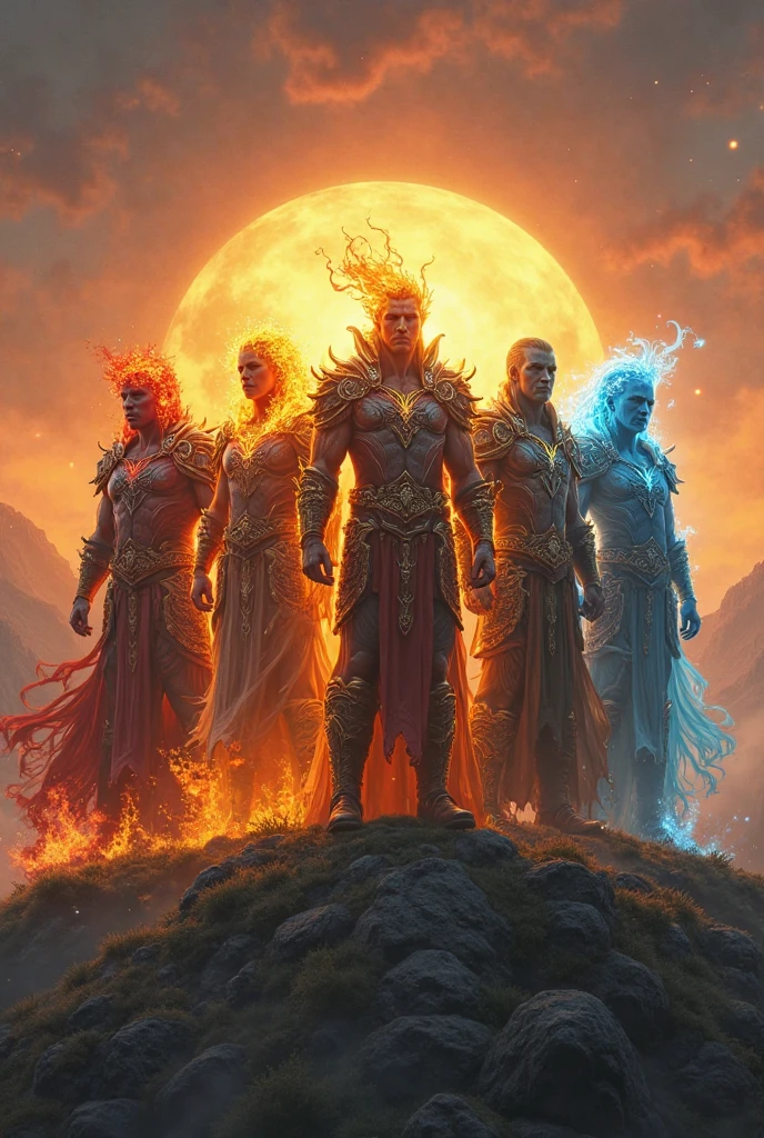 make a 4 character and each of them has powers the first one has power of fire the second one has air the third one has earth/rock and the fourth one has power of water and they're posing like a warriors