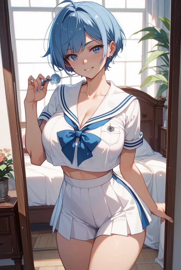 18-year-old,shiny navy hair,short hair,Parted bangs,Yellow Eyes,Large Breasts,Small waist,Big Ass, , See-through sailor suit,Navy blue mini skirt,Black underwear,
