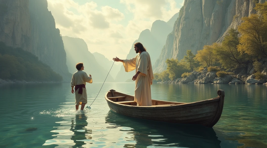 JESUS CHRIST from behind in a boat with two children sailing realistic