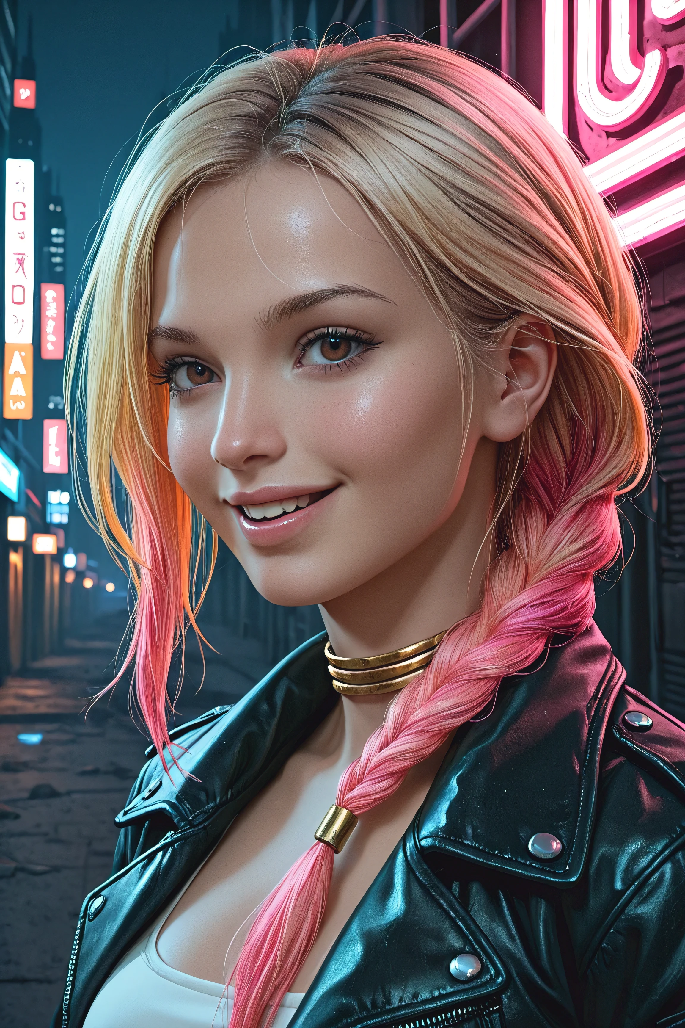 girl, solo, portrait, upper body, white minidress, brown eyes, pink dyed hair, blonde hair, long braided plait, smile, open mouth, athletic body, face detail emphasis, open leather jacket, golden bracelets, dark dystopian city, night time, eyelashes, semi realistic, focus face