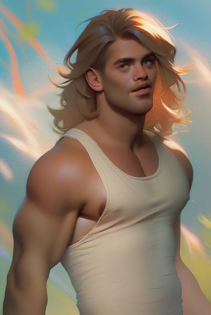 In the iconic art style of henry scott tuke, a hyperrealistic, meticulous illustration of a young, slim, and muscular blond boy with a strong display of leadership body language and perfectly detailed anatomy. He's illuminated by the warming sun, walking barefoot in the center of a victorian gay street in london with many victorian men looking at him. The blong boy , with strong muscular legs, a peaceful gaze, and a subtly hidden smile, hints at his athleticism, wearing a swimmer's