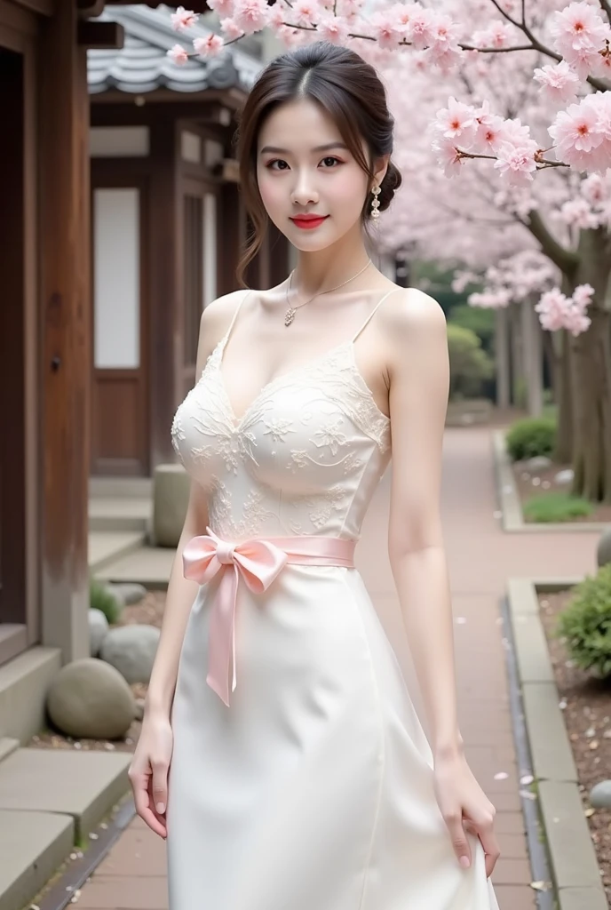 Beautiful adult woman、Brown Hair、Short Bob、Festre with many white and pink roses on his head,,、Small Face、compensate、smile、Slender body、Beautiful breasts、Cleavage、Pure white dress、Skirt、The skirt is decorated with roses of various colors.、Sitting among roses、Holding a bouquet of flowers in both hands、Party Venue、I look at you、celebration