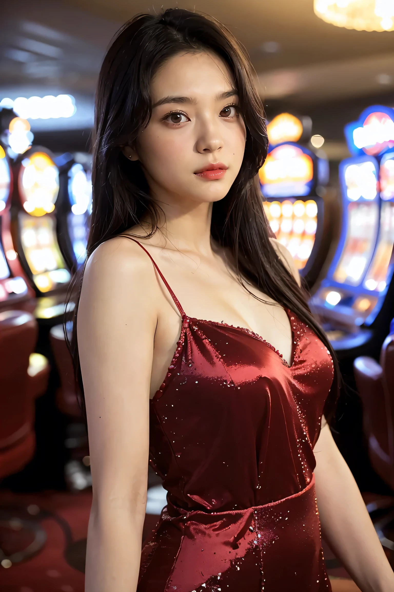 Classic Hollywood glamour.., A in a beautiful red evening gown, Amazing accessories, (Attractive eyes, red lips, beautiful, ผิวbeautifulไร้ที่ติ), luxurious backdrop, velvet curtains, amazing gesture, Interesting composition, spotlight illumination, rich shadow, shallow depth of field, Sparkling bokeh, exquisite details, high resolution, 35mm film, Timeless elegance. portrait photography, 35mm film, Naturally blurred, (random background,In casinos,VIP casino room, Modern Casino Console, Modern Slot Machines )