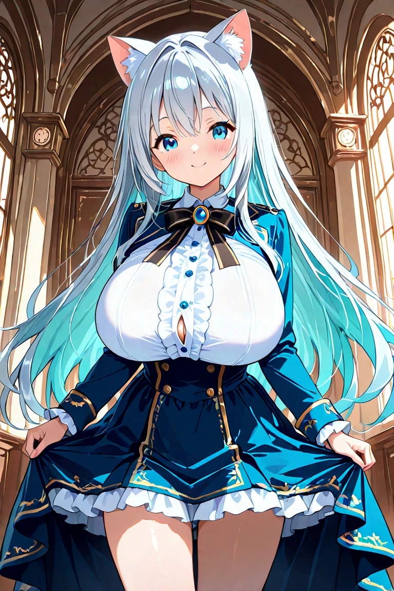 young girl, Long white hair, blue eyes, blue beautiful dress, Huge-breasts, eyeglasses, Masterpiece, hiquality, 4k, HD, Good detail