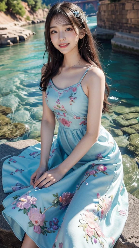 Girl in dress in floral dress in water