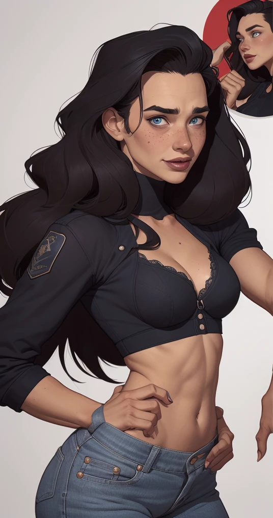 very young slim fit girl, full height, rounded face, very long disheveled dark brown hair, big brown eyes, shy smile, (perfect flat breast:1.3), band on head with fake cat ears, sashagrey, short tight blue pleated skirt, belt, topless, by Sasha Khmel