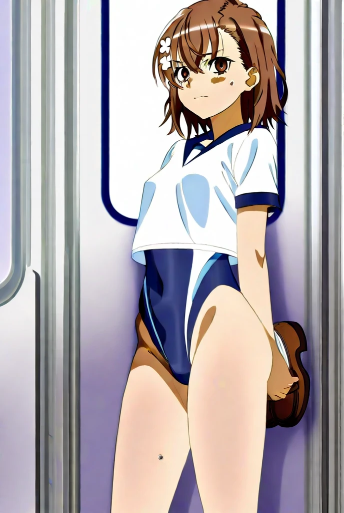 Peeing self, Have to pee, Anime, looking at camera, embarrassed, blush, pee stain, pee stain on skirt, peeing, yellow pee, tears, crying, out of breath, sweating, blue eyes, brown hair, one girl