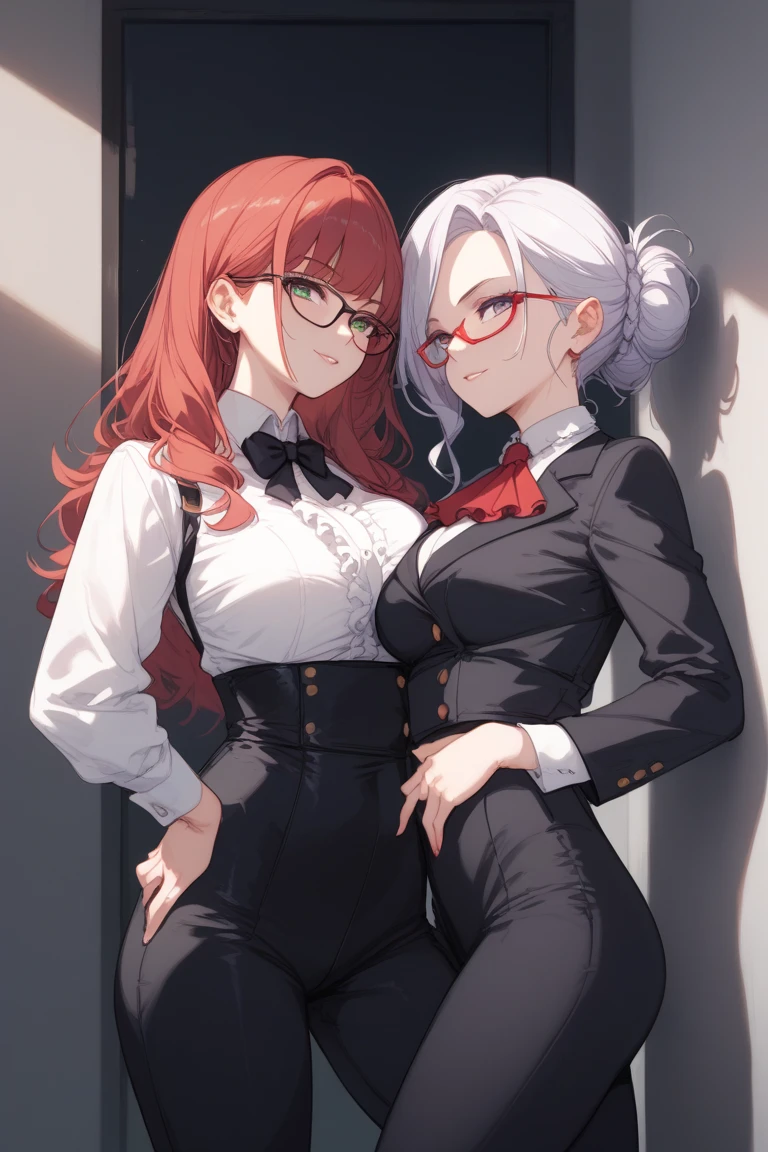 Dark red curly hair, medium height, medium sized breast, big ass, hourglass waist, thick thighs, glasses, sfw