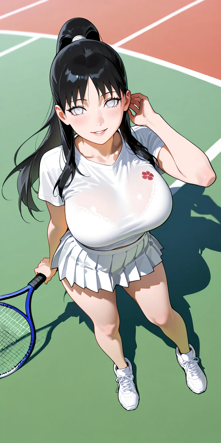 masterpiece, Highest quality, Very detailed , MyjmSkr-KJ, View your audience, smile,White polo shirt, White sneakers, ((Lifting Tennis Wear:1.2)), Tennis court