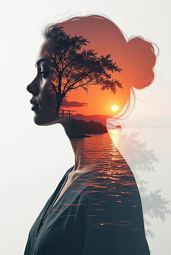 high quality, 8K Ultra HD, A beautiful double exposure that combines an goddess silhouette with sunset coast, sunset coast should serve as the underlying backdrop, with its details incorporated into the goddess , crisp lines, The background is monochrome, sharp focus, double exposure, by yukisakura, awesome full color,
