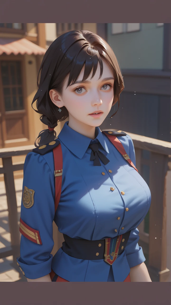 (Highest Resolution, clear_image), Highest quality, masterpiece, Very detailed, Semi-realistic, Woman with shoulder-length black hair, Dark Eyes, mature, mature woman, Imperial sister, sexy, short hair, Triple Van, Light blue uniform, Light blue uniform jacket, soldier, Light blue pleated skirt, uniform, Fighter Front, future, sf, universe、Sexy proportions、Narrow waist、Erotic female body、Saggy breasts、Big Breasts、Nipple swelling emphasis