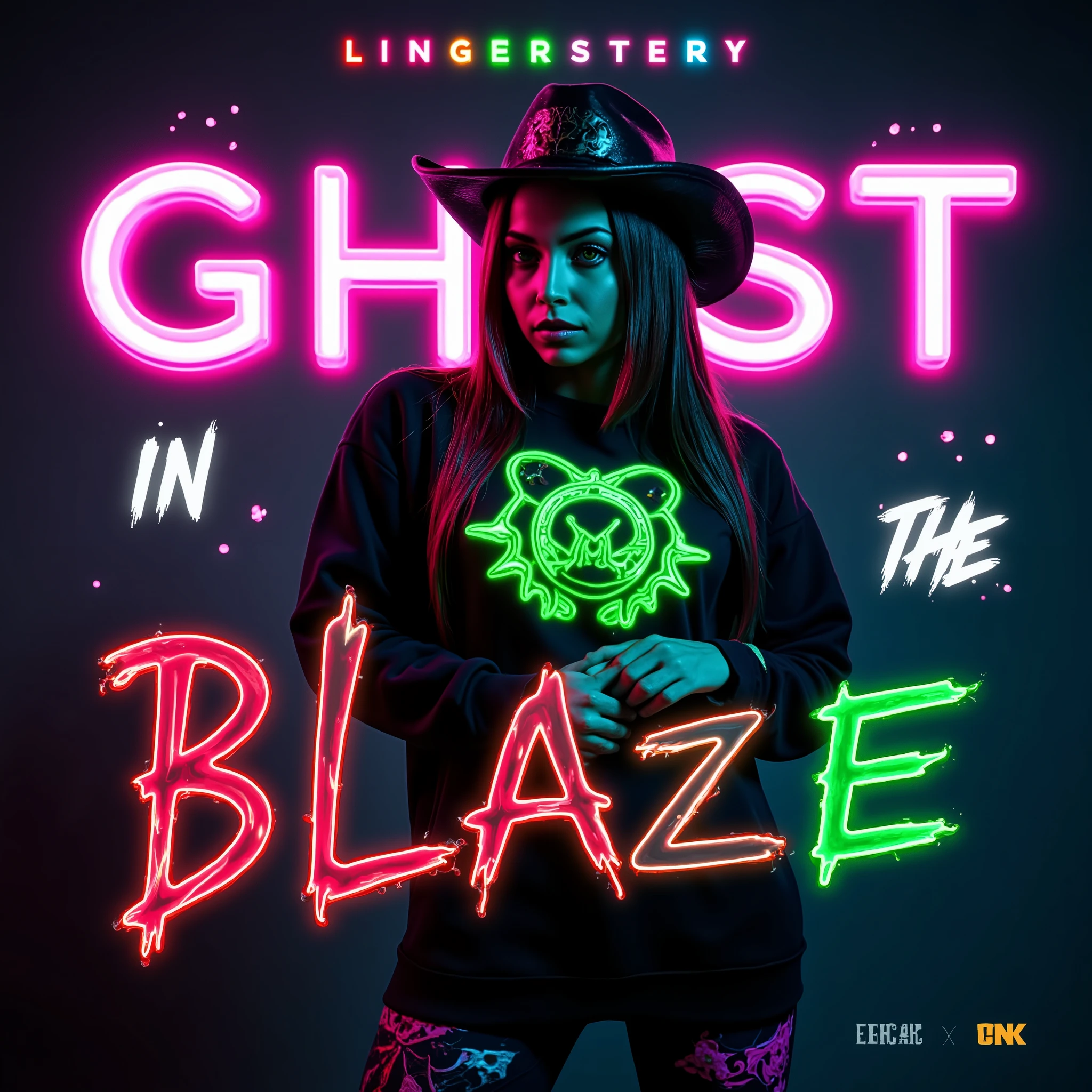 a album cover for the song with bold text "Ghost in the blaze" gorgeous Carmel skin female cowgirl with green eyes wearing a cowboy 🤠 streetwears borderless sweatsuit design with matching cowboy hat, bold text that says "NA LISTEN", neon green, holographic, glowing, futuristic, dynamic pose, 3d render, unreal engine, cinematic lighting, vibrant colors, detailed textures, hyper realistic, 8K, professional, masterpiece