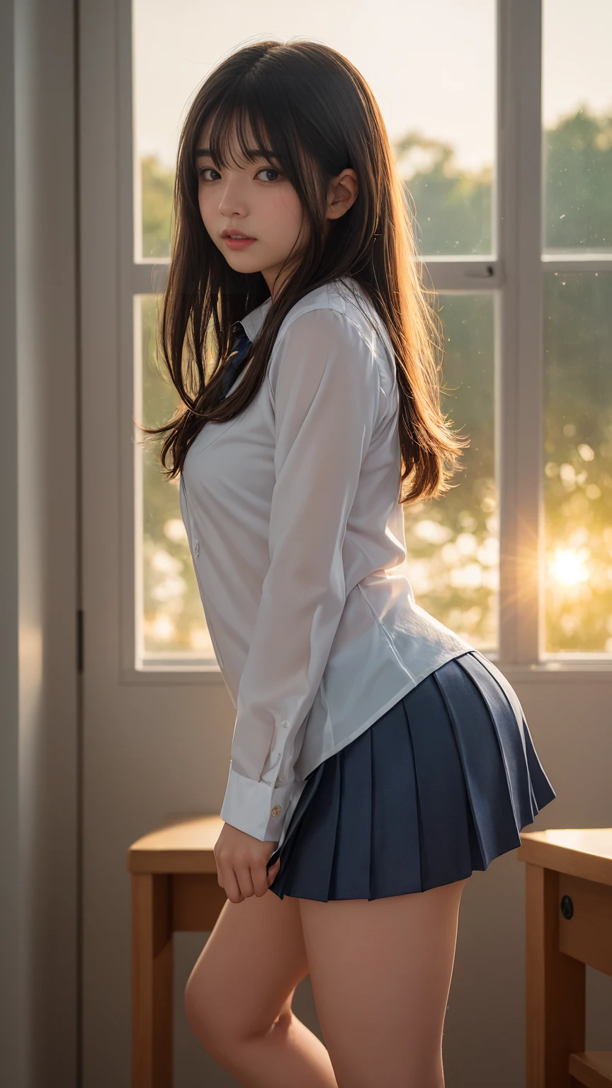  (8K, best quality, masterpiece:1.2), (realistic, photo-realistic:1.37), (high color saturation:1.0),  (highly detailed skin), (highest quality:1.0), (ultra high resolution:1.0) ,(realistic:1.0), (Super detailed:1.0), (8K, Raw photo:1.1)、standing random pose, smiling, natural breast, perfect lighting, ((3girls students)), 18years old, (mysterious), clear and detailed, ((school_uniform, Japanese sailor uniform, flared skirt)), (indoor school climb the stairs), surprised face, (silk_panties), looking at back viewer, nsfw, low angle photo,