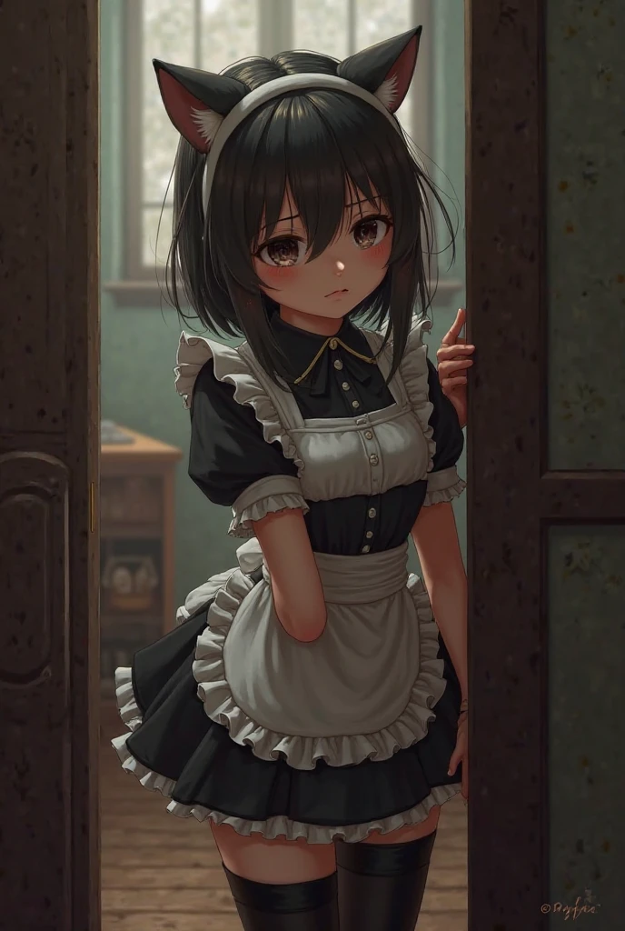 Black longhair loli, wearing a maid outfit, Kneeling, Cute 2D, backgroundbacklitHD 、Ultramammy、bbw