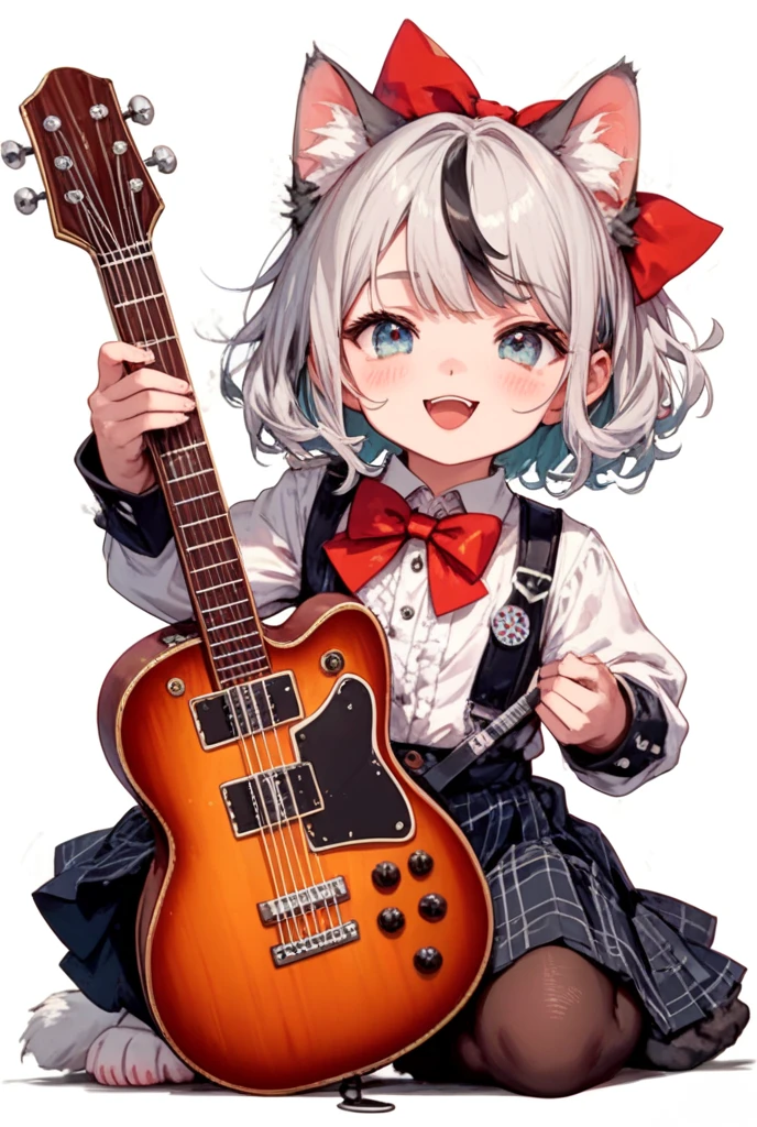 masterpiece, best quality, ultra-detailed, illustration, an extremely delicate and beautiful,high resolution, ultra-detailed,,perfect face,slender perfect body, Tight belly,Toned buttocks,Constricted waist,,(girl plays the guitar:1.7), ,(white hair),(braided hair),(school uniform),(big smile),black sunglasses, (tattoo on thigh:1.3),(very short hair), shy daughter, short stature,(rock and roll star:1.3),(small breasts),on a luxurious stage), (band girl),((very wide shot )),( sweaty skin:1.2),(low view:1.5),(spread legs:1.3),(show off panties:1.3)
