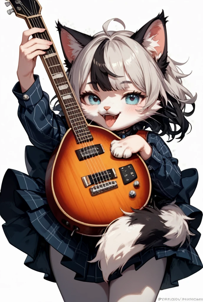 Rocking Kitty:A fluffy gray and white cat、Close your eyes gently 、holds an electric guitar in a passionate pose、makes me feel the bliss of music。with a clean white background、highlights the adorable presence of cats and the bright sunburst finish of the guitar、creates a fun and fantastic atmosphere。 Less AI-like texture The design looks like it was in an old picture book