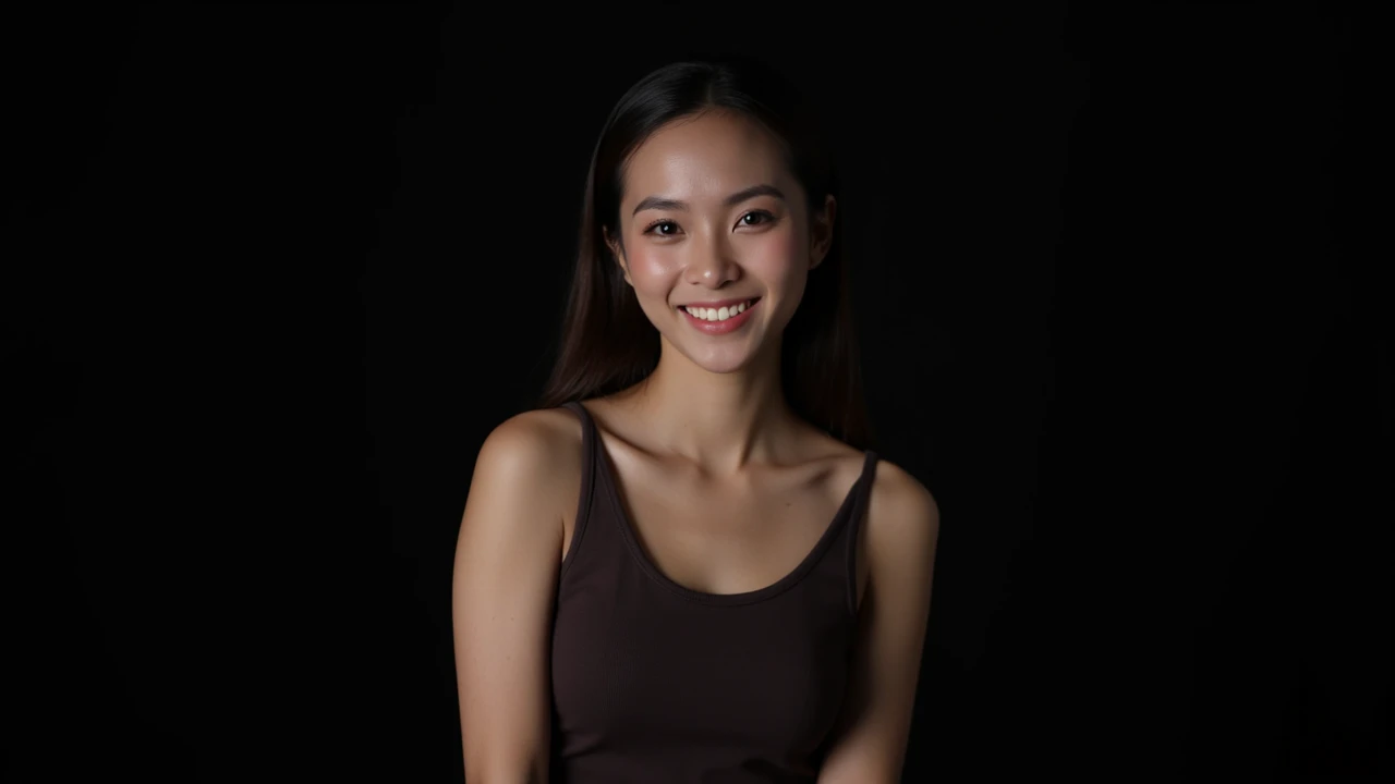 photo brute, visage de face portrait photo d'a beautiful 26 year old.oh woman, visage mignon, wearing a black dress, happy face, harsh shadows, Cinematographic shooting, bright lighting
